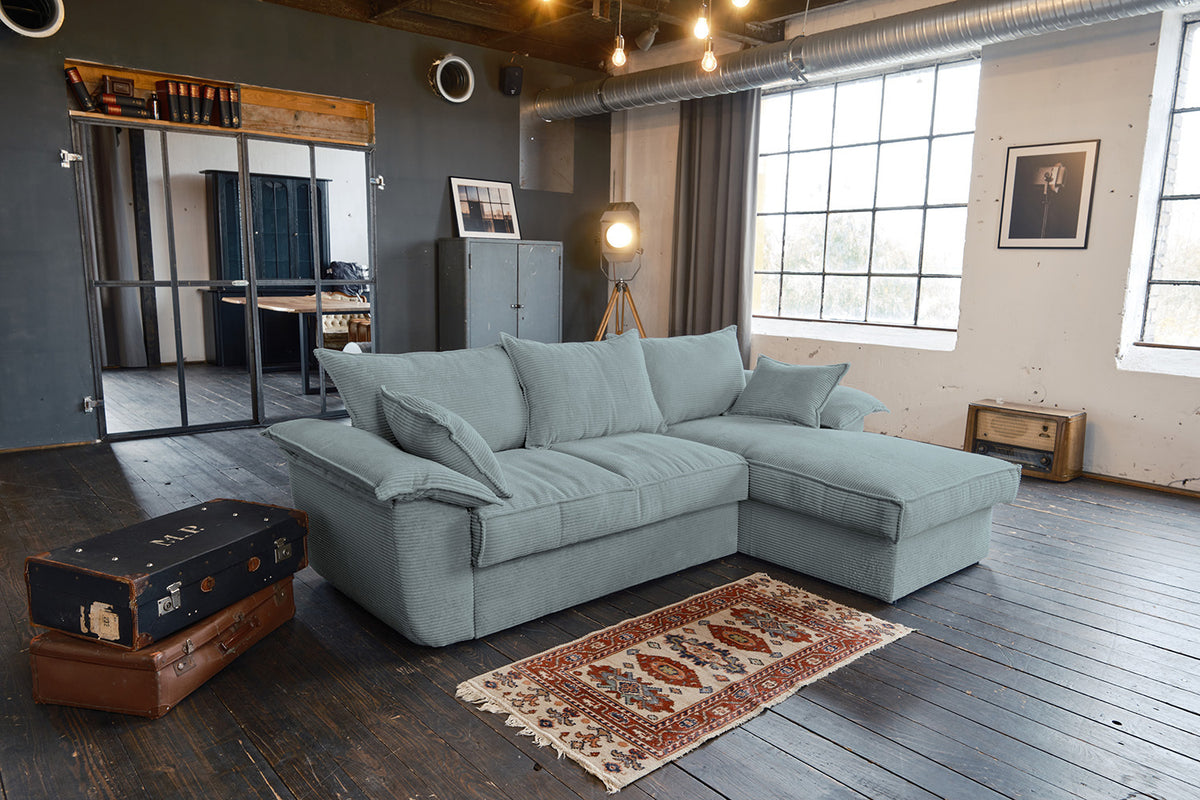 KAWOLA Sofa DAMETO Ecksofa Bettsofa Schlafsofa mit Stauraum Cord hellblau