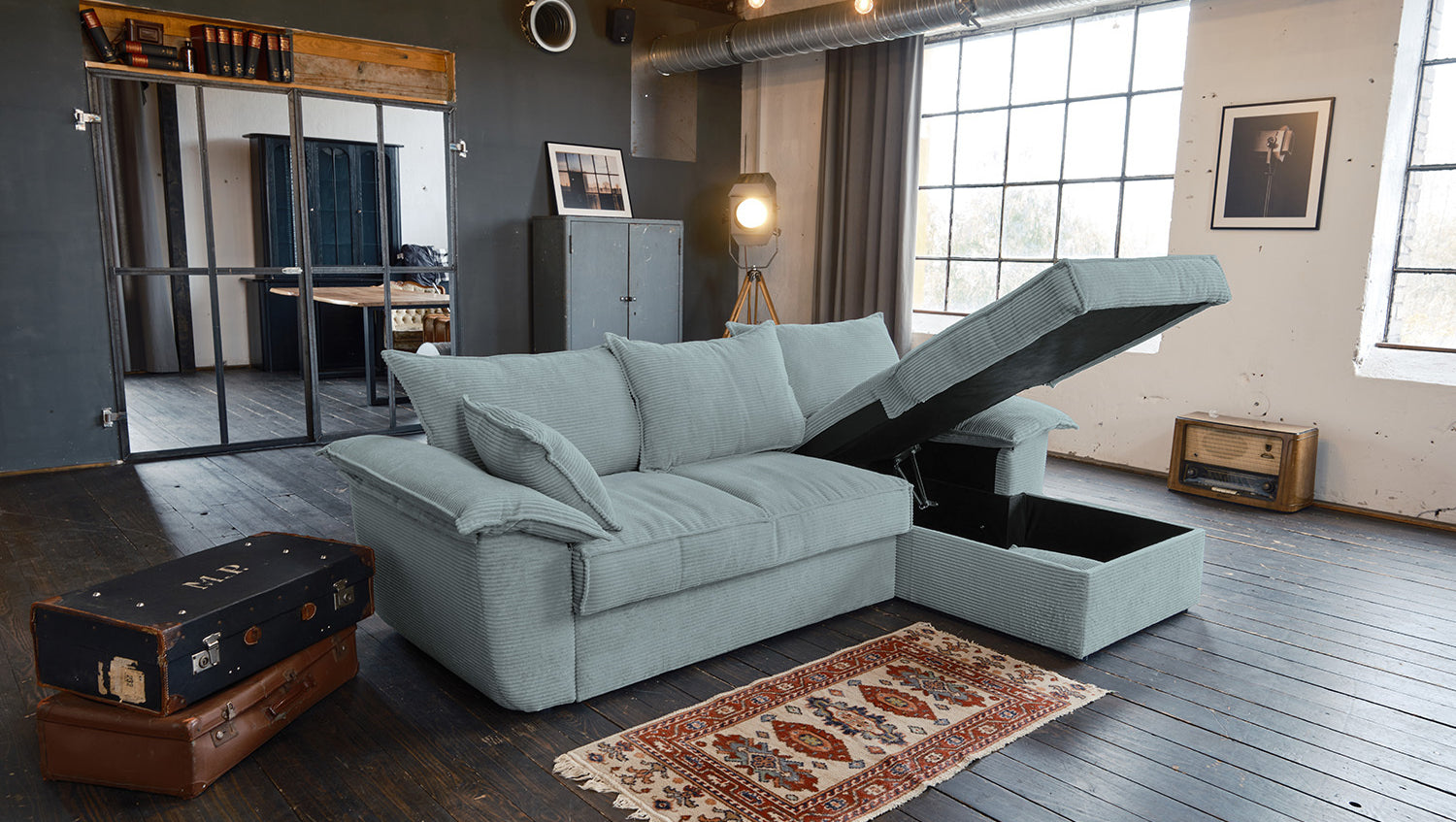 KAWOLA Sofa DAMETO Ecksofa Bettsofa Schlafsofa mit Stauraum Cord hellblau
