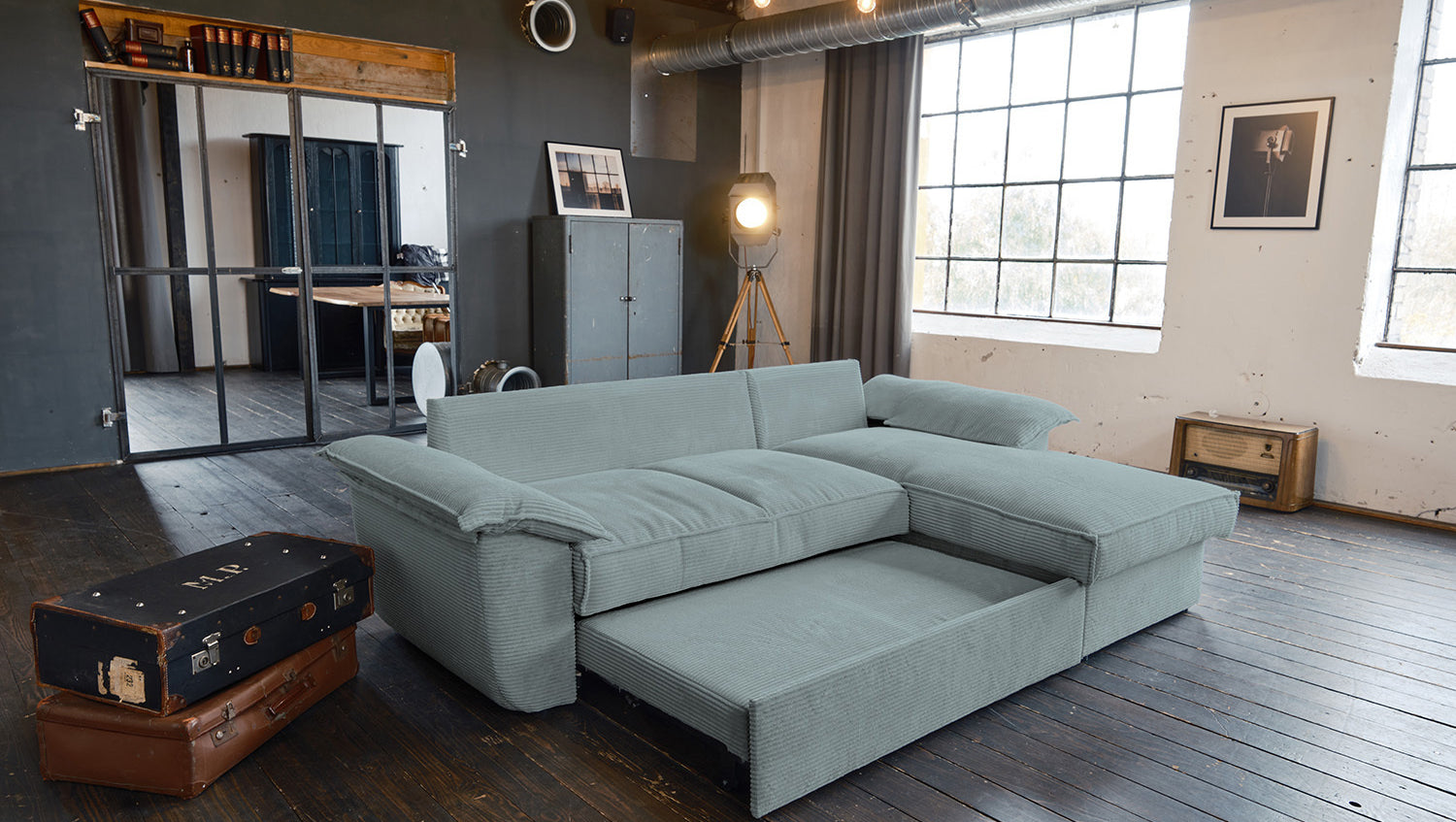 KAWOLA Sofa DAMETO Ecksofa Bettsofa Schlafsofa mit Stauraum Cord hellblau