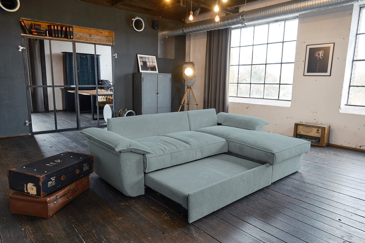 KAWOLA Sofa DAMETO Ecksofa Bettsofa Schlafsofa mit Stauraum Cord hellblau