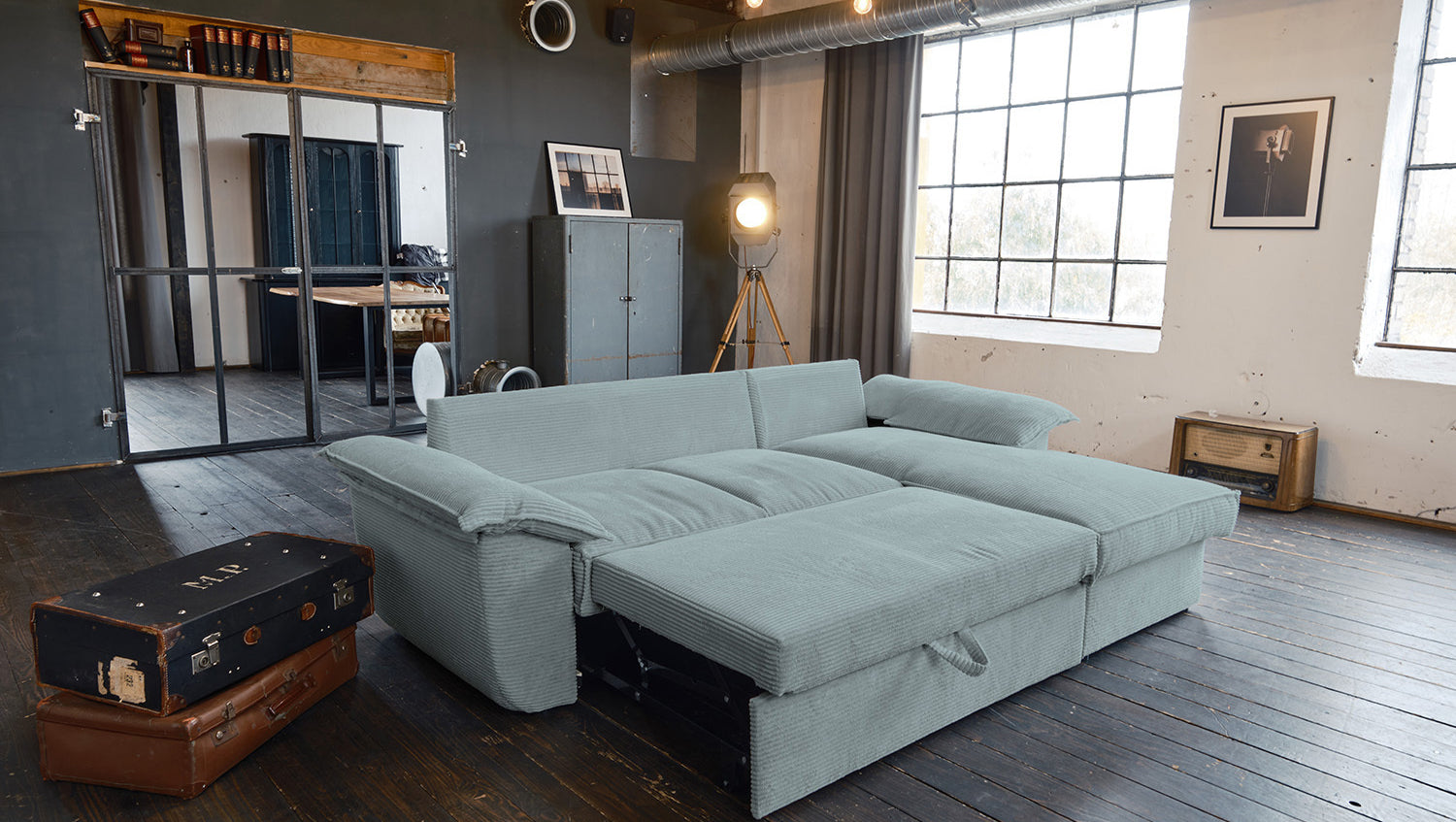 KAWOLA Sofa DAMETO Ecksofa Bettsofa Schlafsofa mit Stauraum Cord hellblau