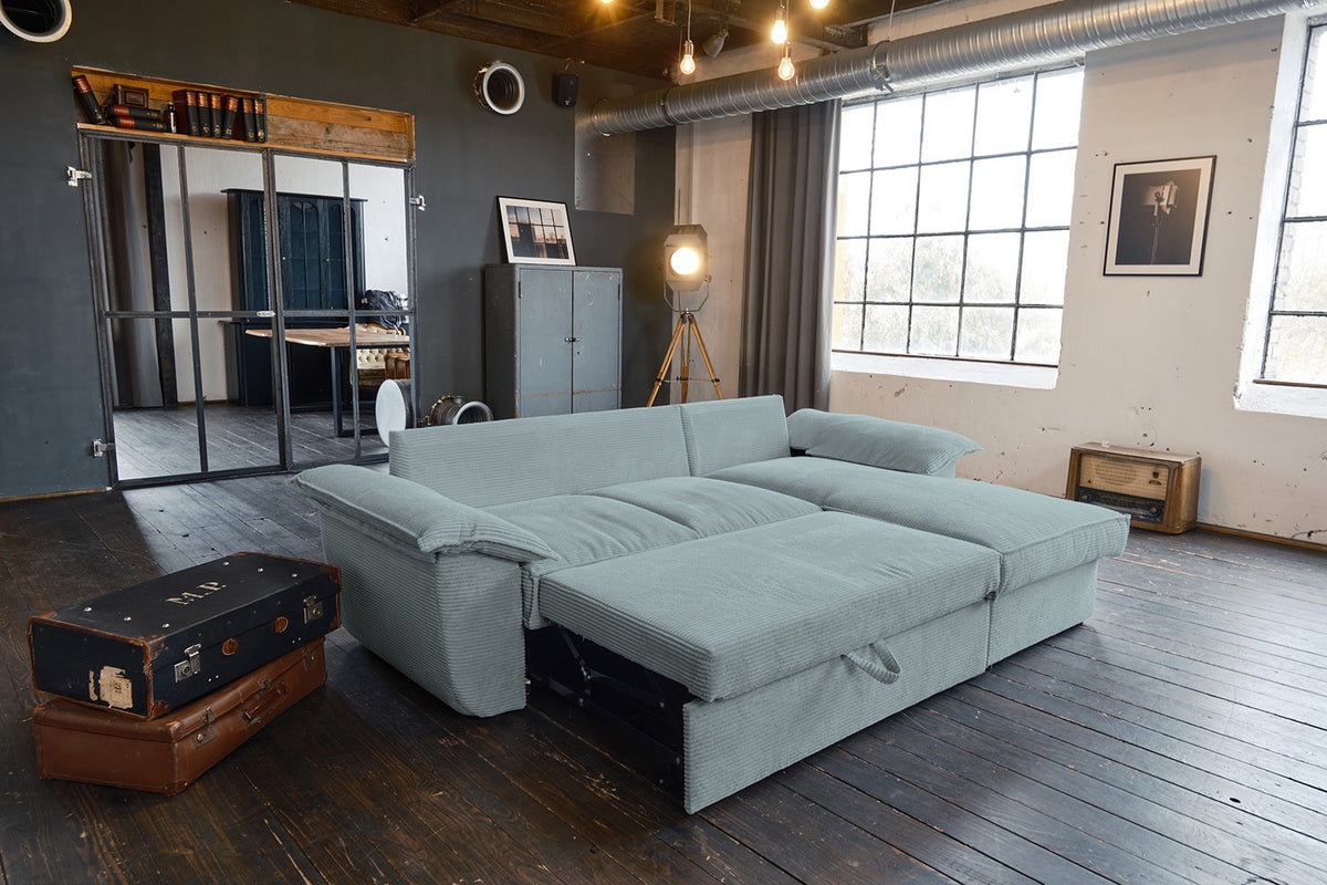 KAWOLA Sofa DAMETO Ecksofa Bettsofa Schlafsofa mit Stauraum Cord hellblau