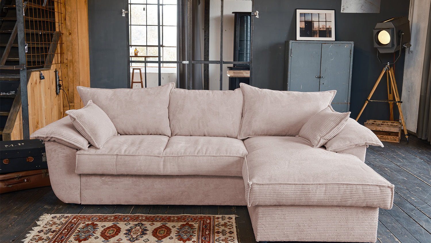 KAWOLA Sofa DAMETO Ecksofa Bettsofa Schlafsofa mit Stauraum Cord rosa
