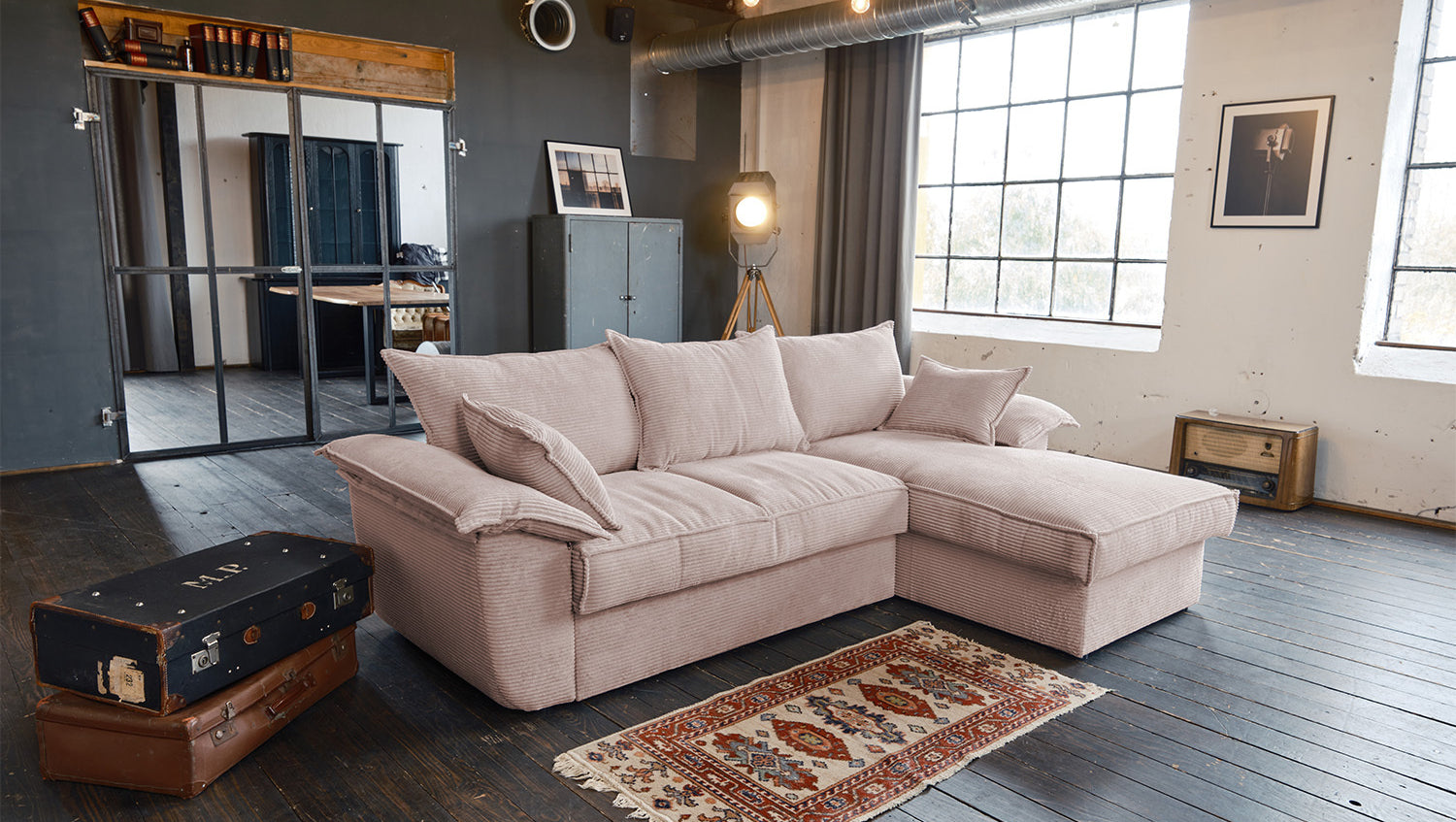 KAWOLA Sofa DAMETO Ecksofa Bettsofa Schlafsofa mit Stauraum Cord rosa