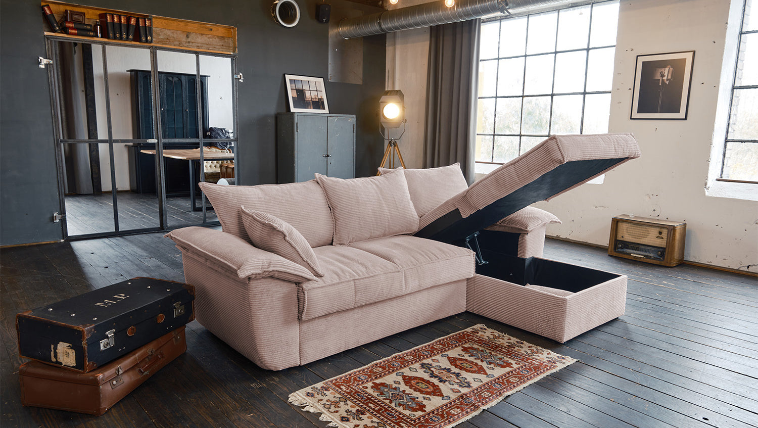 KAWOLA Sofa DAMETO Ecksofa Bettsofa Schlafsofa mit Stauraum Cord rosa