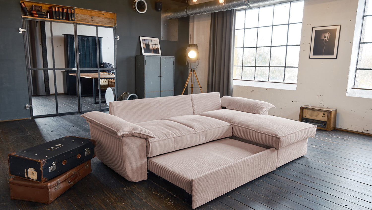 KAWOLA Sofa DAMETO Ecksofa Bettsofa Schlafsofa mit Stauraum Cord rosa