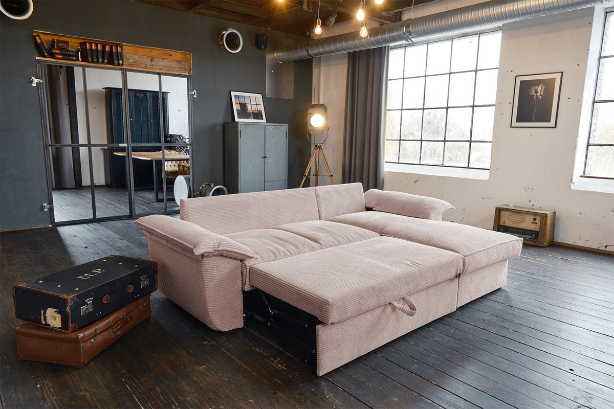 KAWOLA Sofa DAMETO Ecksofa Bettsofa Schlafsofa mit Stauraum Cord rosa
