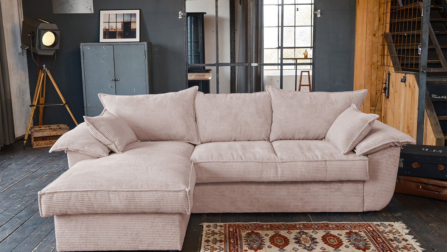 KAWOLA Sofa DAMETO Ecksofa Bettsofa Schlafsofa mit Stauraum Cord rosa