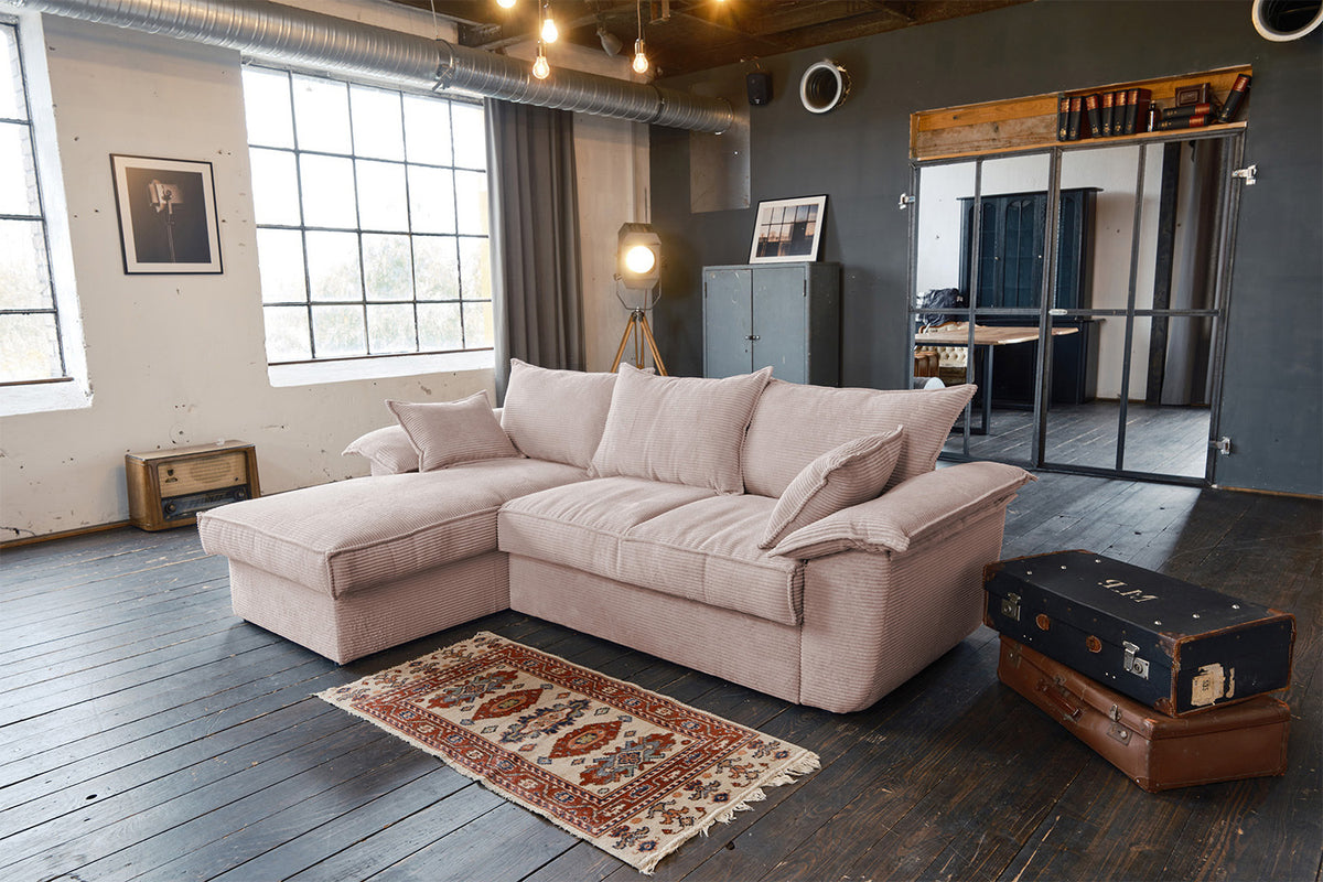 KAWOLA Sofa DAMETO Ecksofa Bettsofa Schlafsofa mit Stauraum Cord rosa