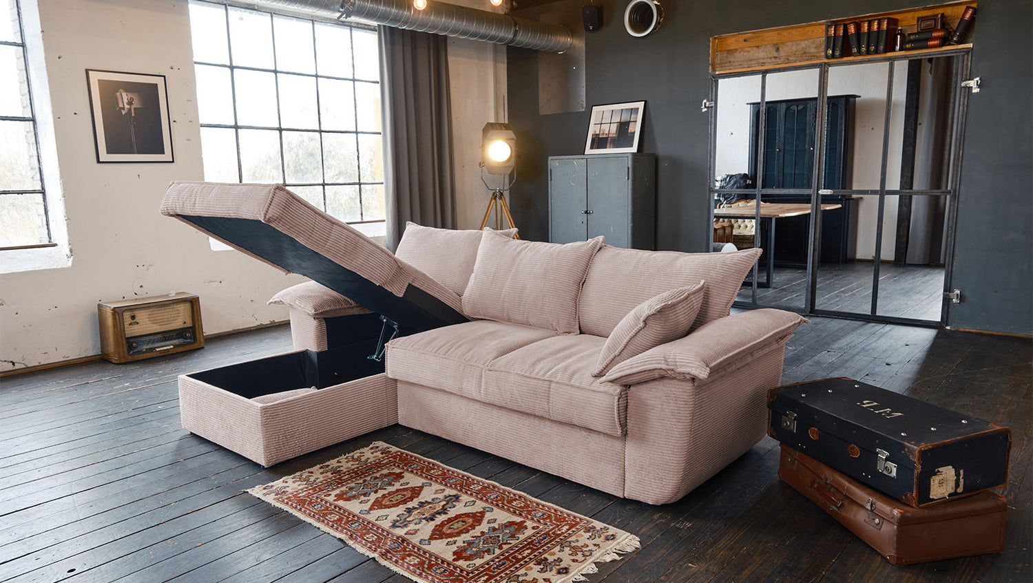 KAWOLA Sofa DAMETO Ecksofa Bettsofa Schlafsofa mit Stauraum Cord rosa