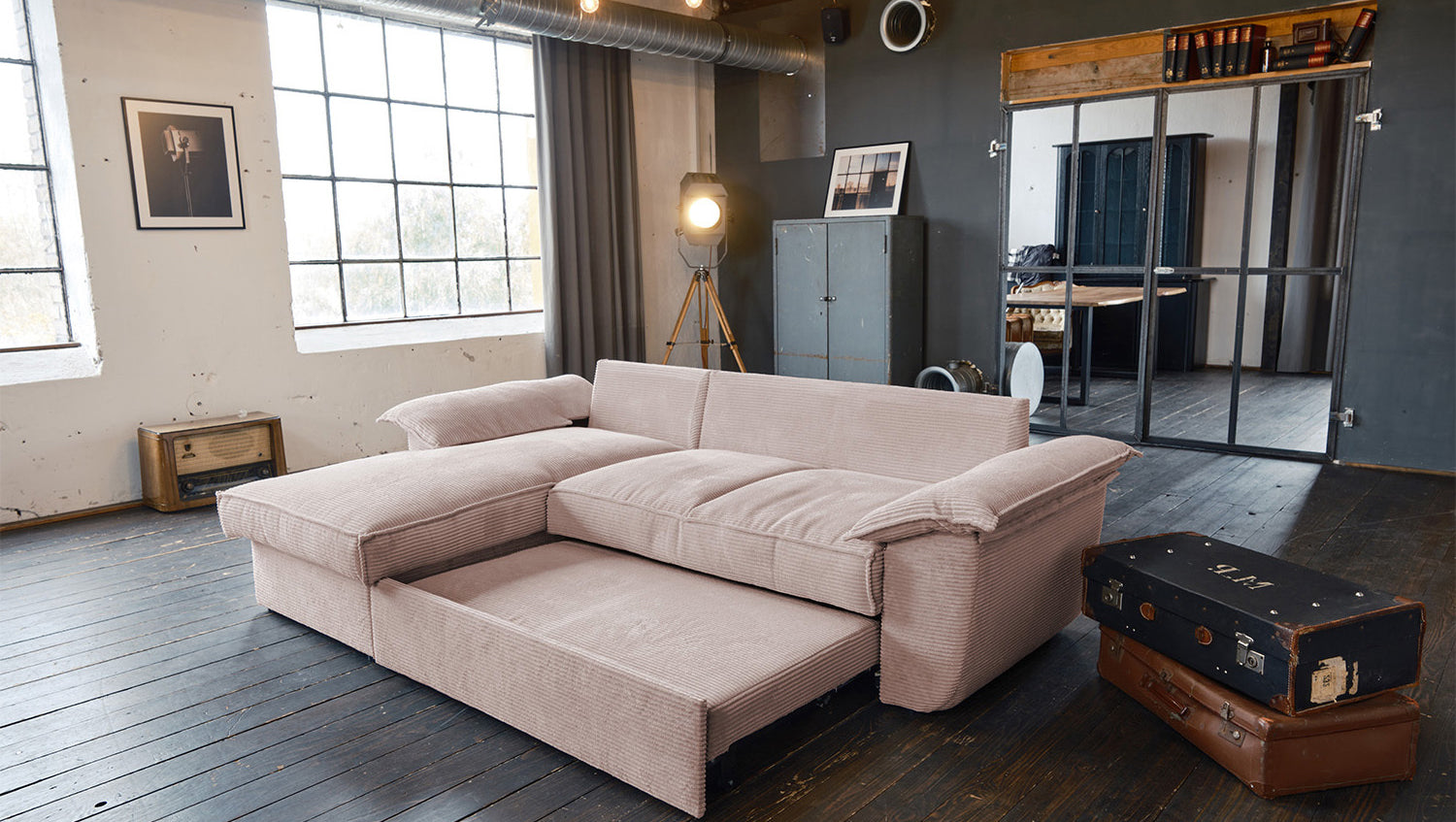 KAWOLA Sofa DAMETO Ecksofa Bettsofa Schlafsofa mit Stauraum Cord rosa