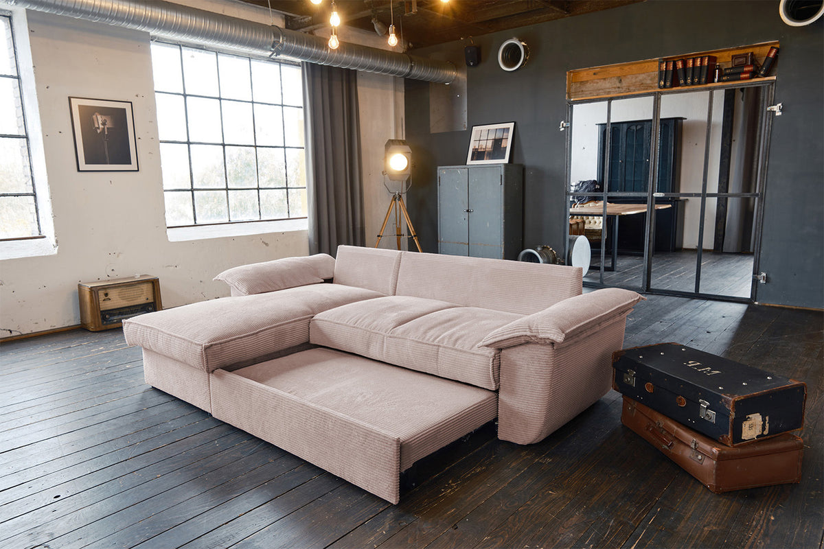 KAWOLA Sofa DAMETO Ecksofa Bettsofa Schlafsofa mit Stauraum Cord rosa