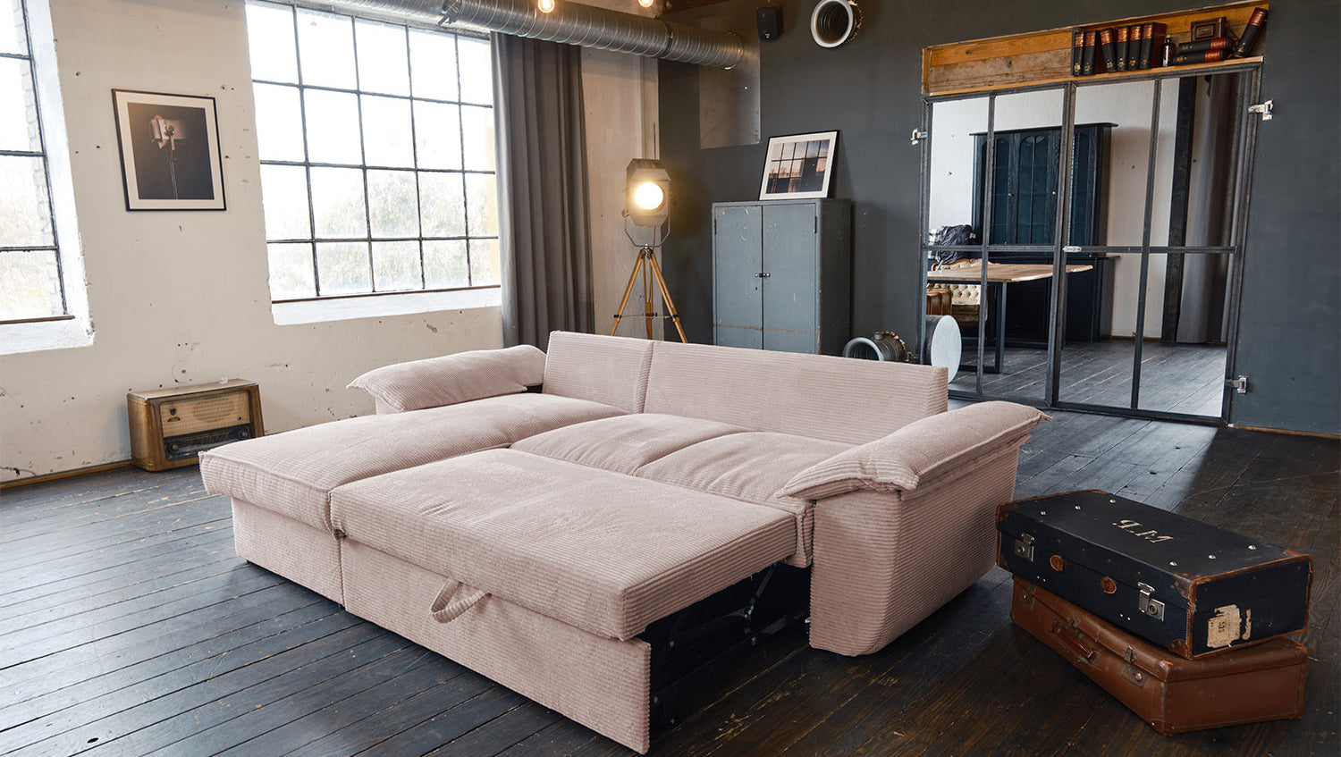 KAWOLA Sofa DAMETO Ecksofa Bettsofa Schlafsofa mit Stauraum Cord rosa