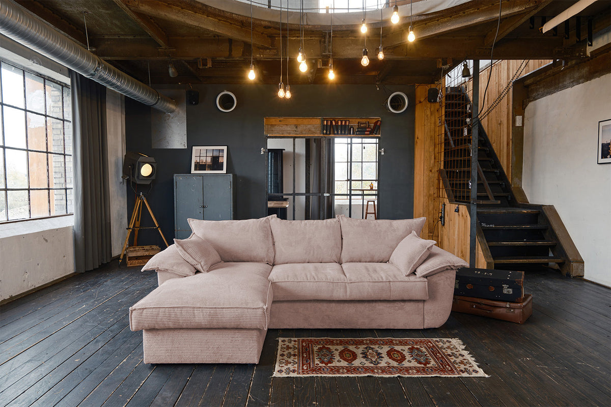 KAWOLA Sofa DAMETO Ecksofa Bettsofa Schlafsofa mit Stauraum Cord rosa, Links