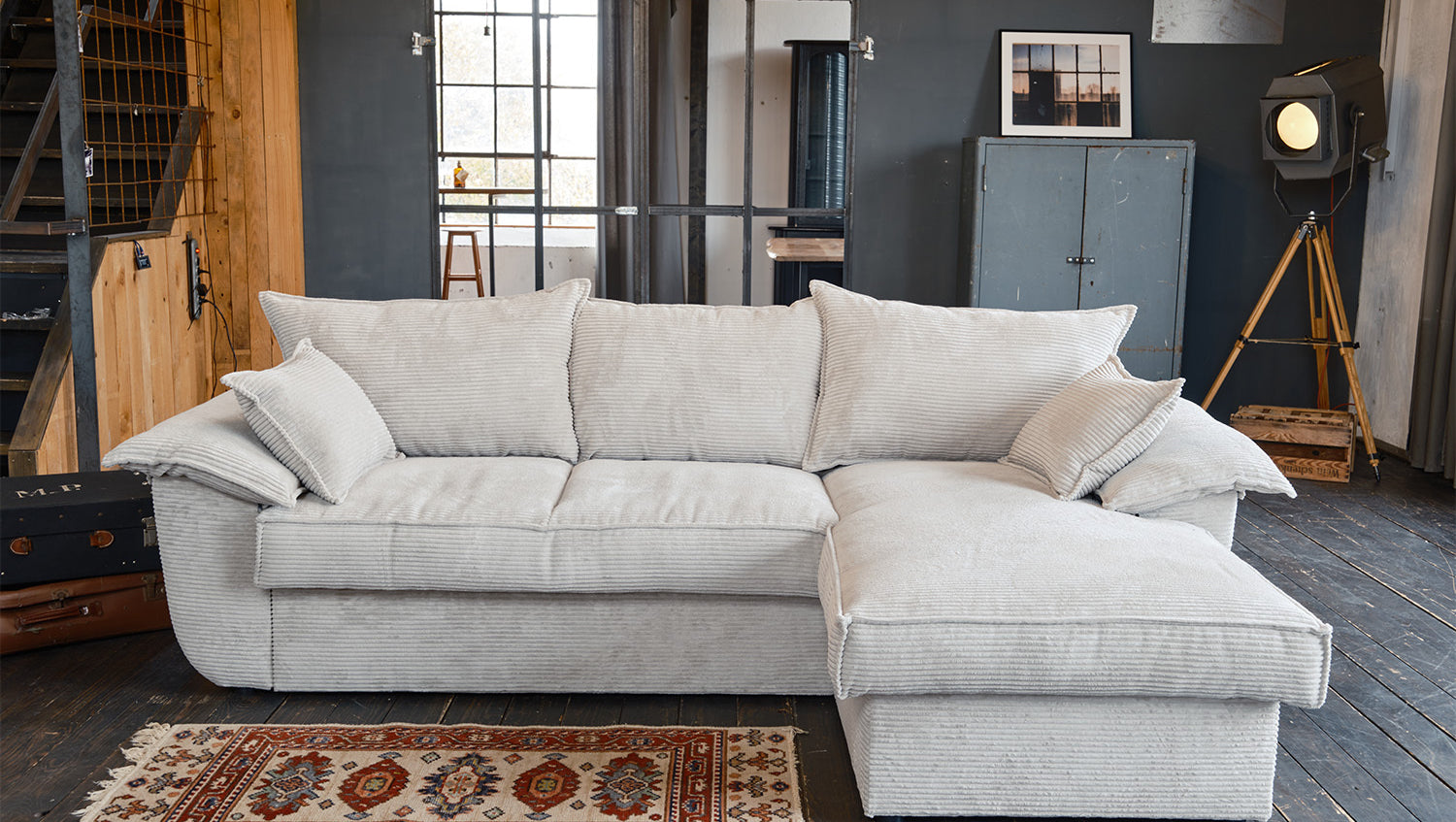 KAWOLA Sofa DAMETO Ecksofa Bettsofa Schlafsofa mit Stauraum Cord weiß