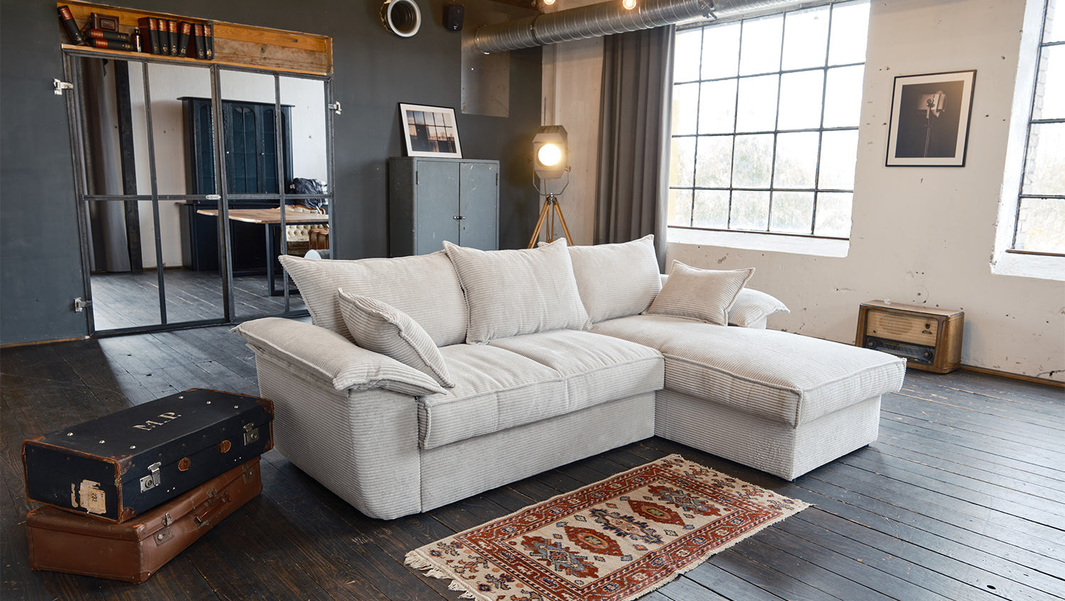 KAWOLA Sofa DAMETO Ecksofa Bettsofa Schlafsofa mit Stauraum Cord weiß