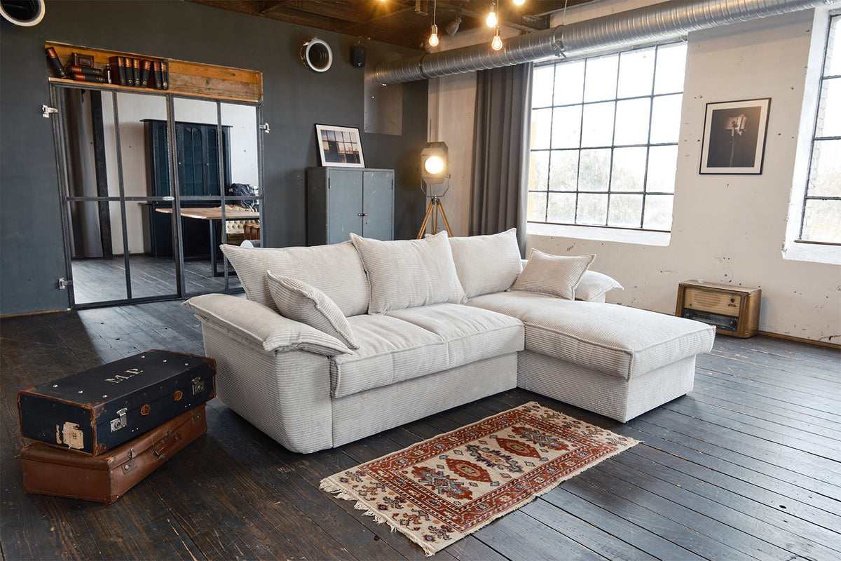 KAWOLA Sofa DAMETO Ecksofa Bettsofa Schlafsofa mit Stauraum Cord weiß