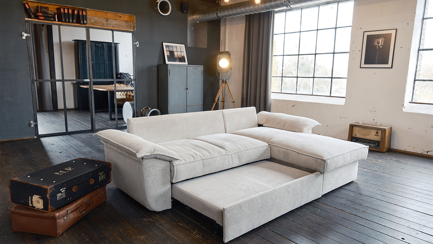 KAWOLA Sofa DAMETO Ecksofa Bettsofa Schlafsofa mit Stauraum Cord weiß
