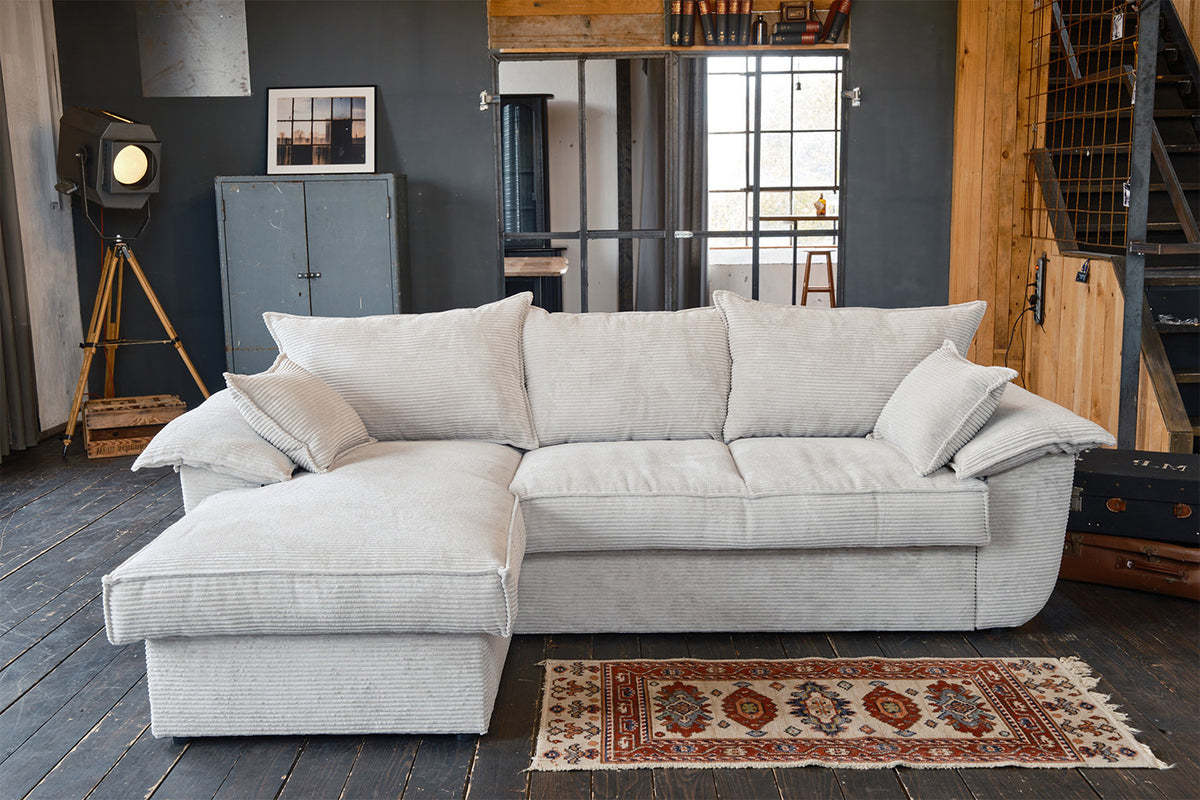 KAWOLA Sofa DAMETO Ecksofa Bettsofa Schlafsofa mit Stauraum Cord weiß