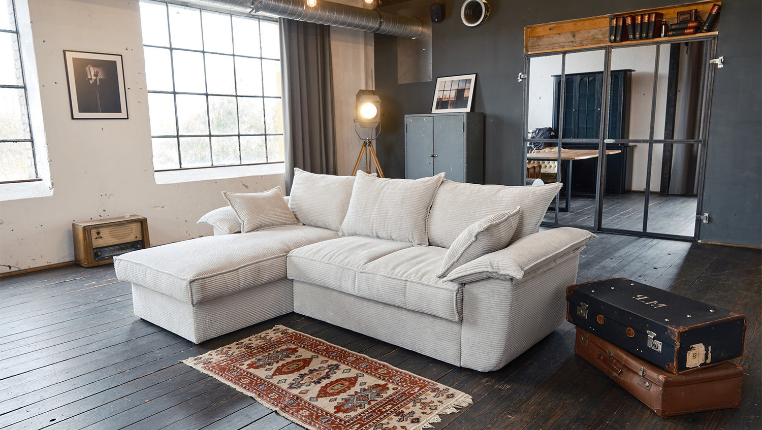 KAWOLA Sofa DAMETO Ecksofa Bettsofa Schlafsofa mit Stauraum Cord weiß