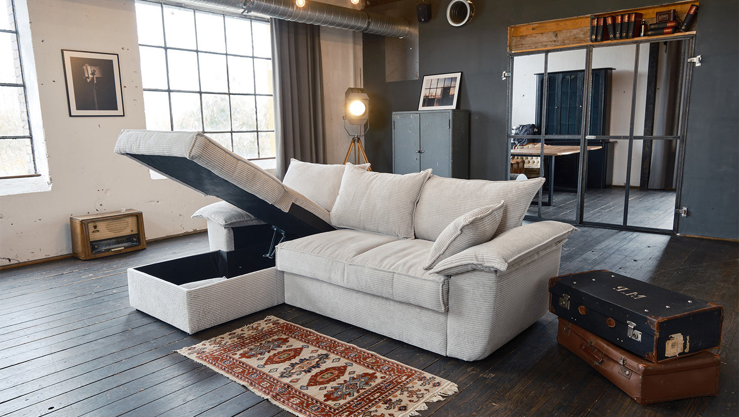 KAWOLA Sofa DAMETO Ecksofa Bettsofa Schlafsofa mit Stauraum Cord weiß