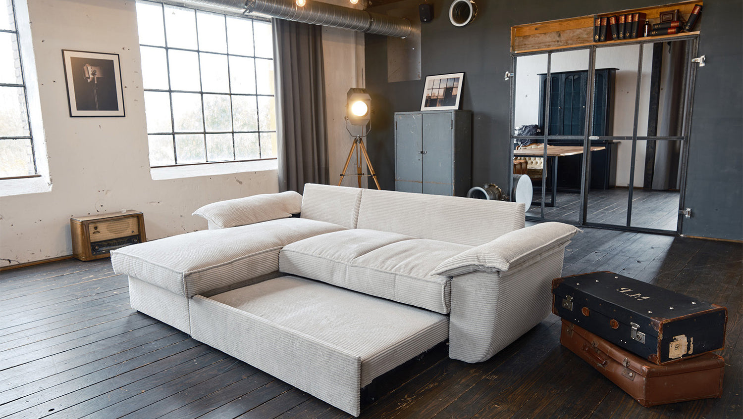 KAWOLA Sofa DAMETO Ecksofa Bettsofa Schlafsofa mit Stauraum Cord weiß