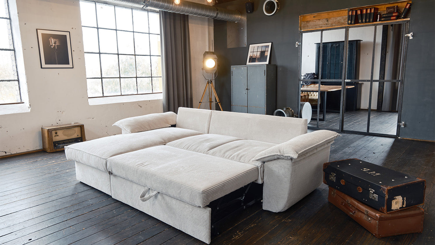 KAWOLA Sofa DAMETO Ecksofa Bettsofa Schlafsofa mit Stauraum Cord weiß