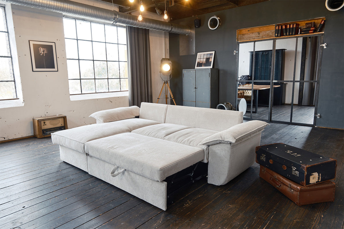 KAWOLA Sofa DAMETO Ecksofa Bettsofa Schlafsofa mit Stauraum Cord weiß