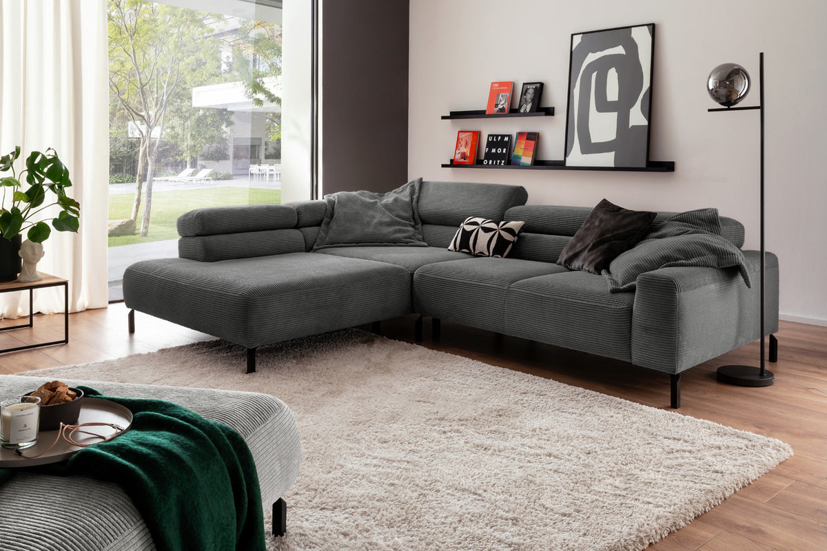 KAWOLA Sofa DELIA Ecksofa Cord grau, 276 x 219, Links, Relaxfunktion