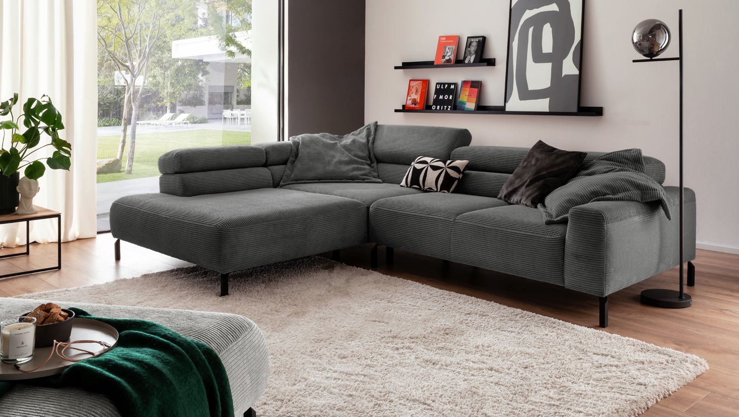 KAWOLA Sofa DELIA Ecksofa Cord grau, 276 x 219, Links, Ohne Komfortfunktion