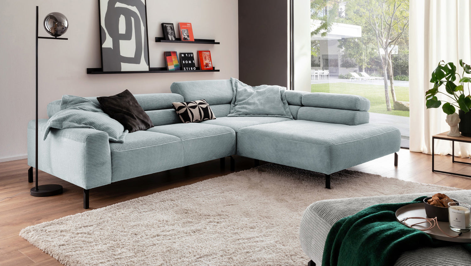 KAWOLA Sofa DELIA Ecksofa Cord hellblau, 276 x 219, Rechts, Relaxfunktion