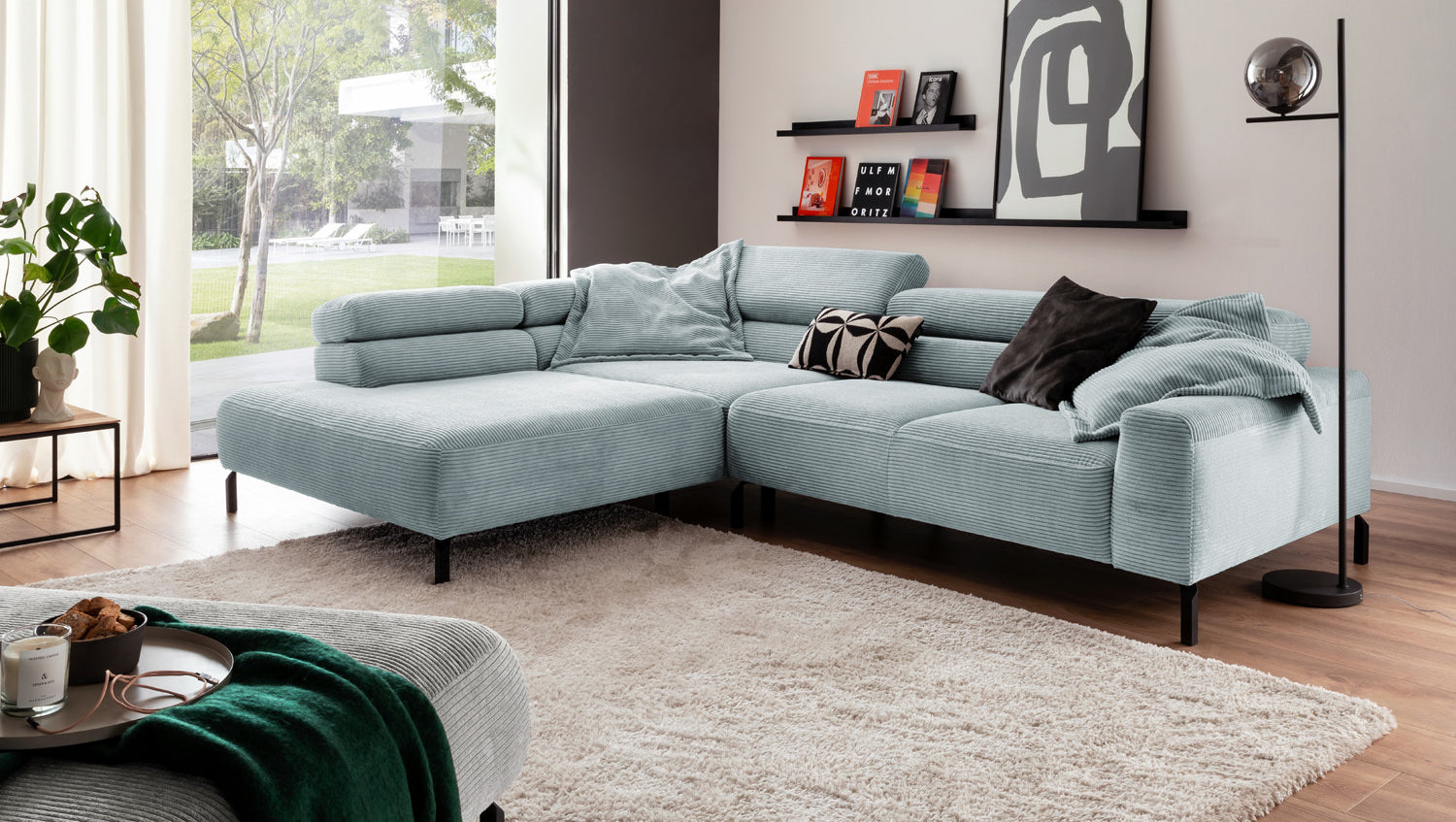 KAWOLA Sofa DELIA Ecksofa Cord hellblau, 312 x 219, Links, Relaxfunktion