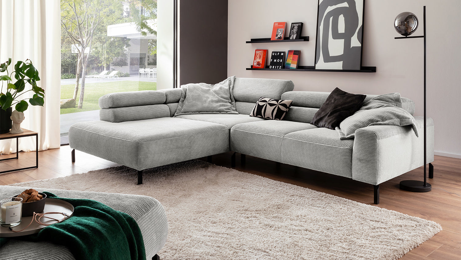 KAWOLA Sofa DELIA Ecksofa Cord hellgrau, 276 x 219, Links, Relaxfunktion