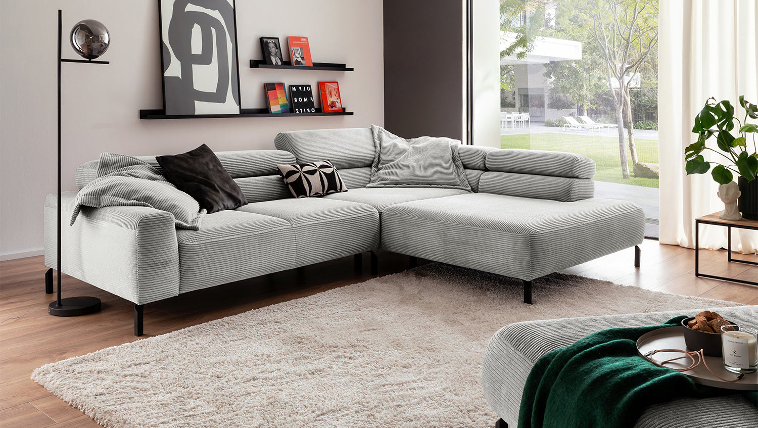 KAWOLA Sofa DELIA Ecksofa Cord hellgrau, 312 x 219, Rechts, Ohne Komfortfunktion