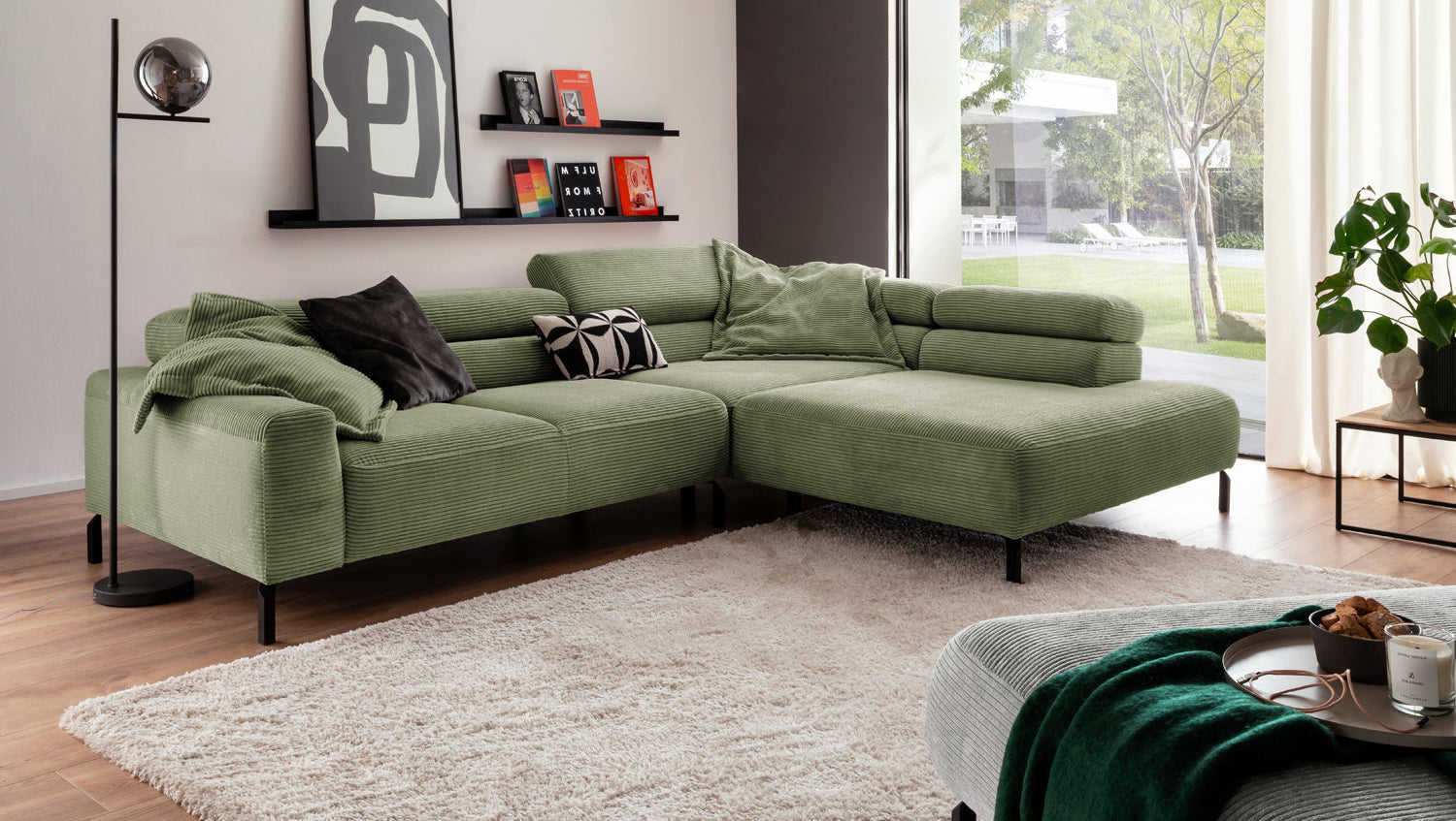 KAWOLA Sofa DELIA Ecksofa Cord olivgrün, 276 x 219, Rechts, Relaxfunktion