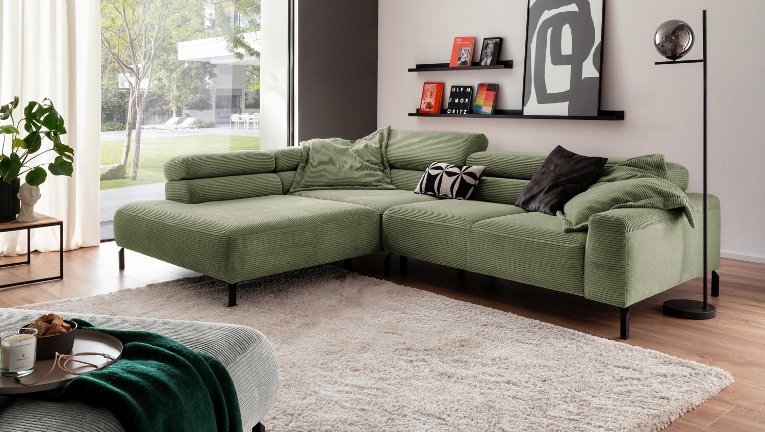 KAWOLA Sofa DELIA Ecksofa Cord olivgrün, 312 x 219, Links, Ohne Komfortfunktion