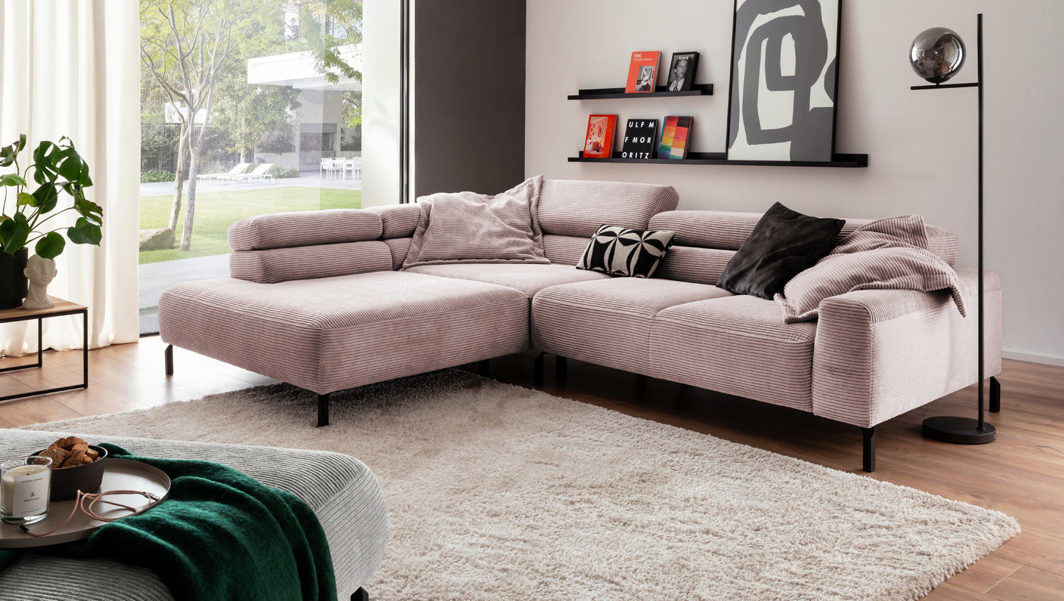 KAWOLA Sofa DELIA Ecksofa Cord rosa, 312 x 219, Links, Relaxfunktion