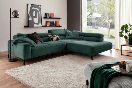 KAWOLA Sofa DELIA Ecksofa Cord smaragd, 276 x 219, Rechts, Relaxfunktion
