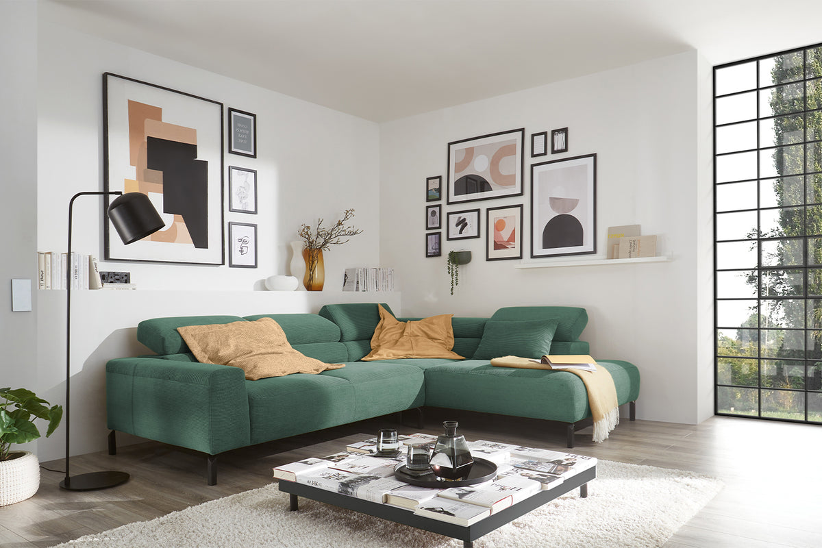 KAWOLA Sofa DELIA Ecksofa Feincord grün, Rechts, Ohne Komfortfunktion