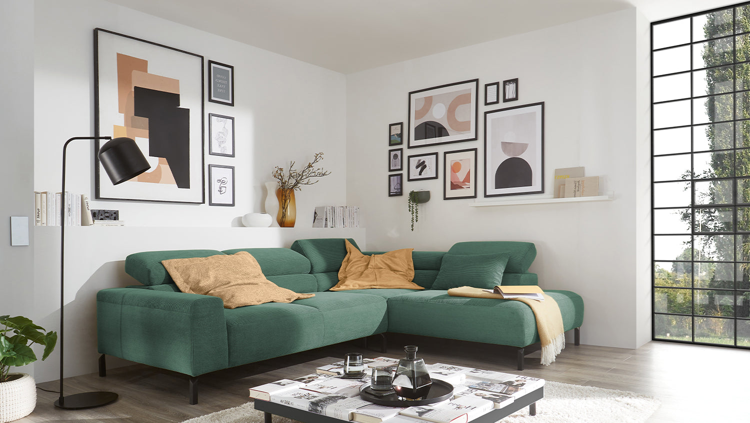 KAWOLA Sofa DELIA Ecksofa Feincord grün, Rechts, Relaxfunktion