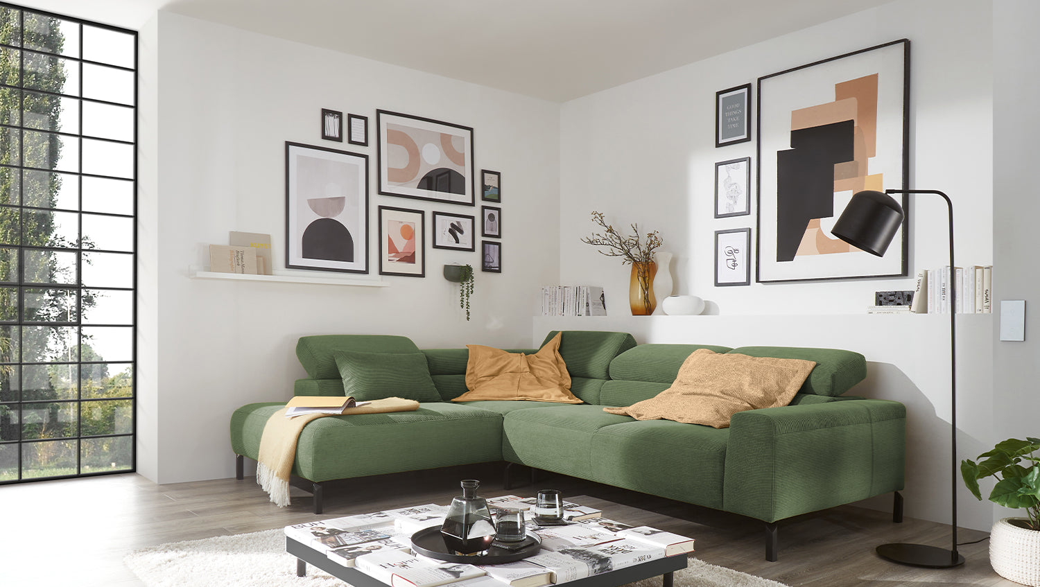 KAWOLA Sofa DELIA Ecksofa Feincord olivgrün, Links, Ohne Komfortfunktion