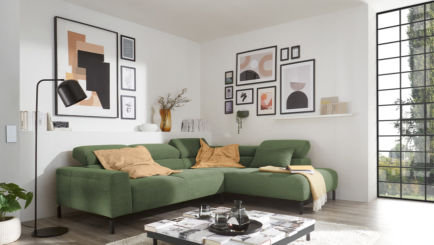 KAWOLA Sofa DELIA Ecksofa Feincord olivgrün, Rechts, Ohne Komfortfunktion