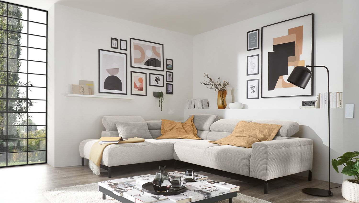 KAWOLA Sofa DELIA Ecksofa Feincord silber, Links, Relaxfunktion