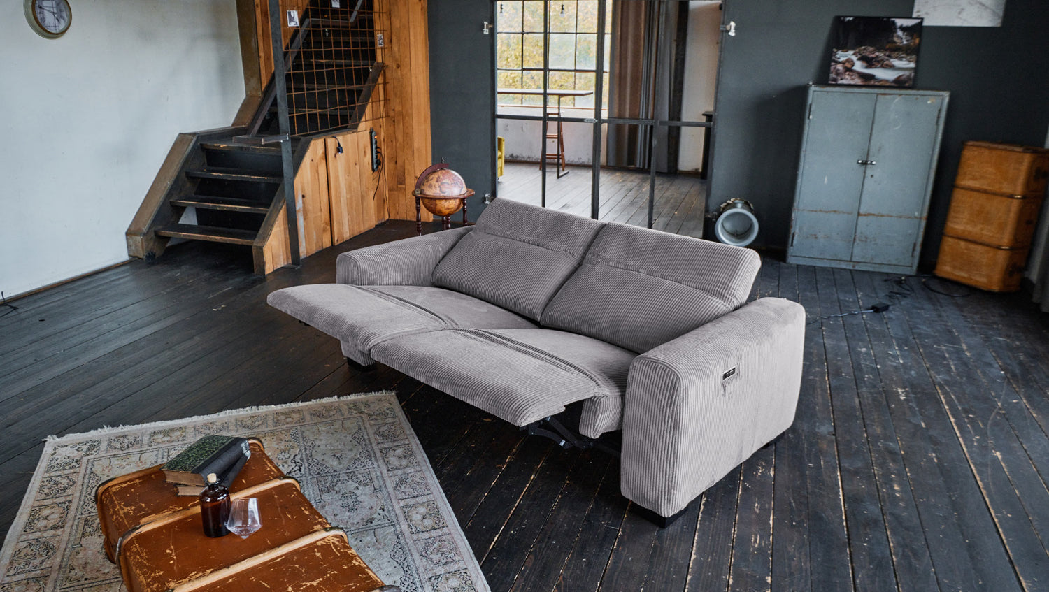 KAWOLA Sofa FINN 3-Sitzer mit Relaxfunktion Cord grau