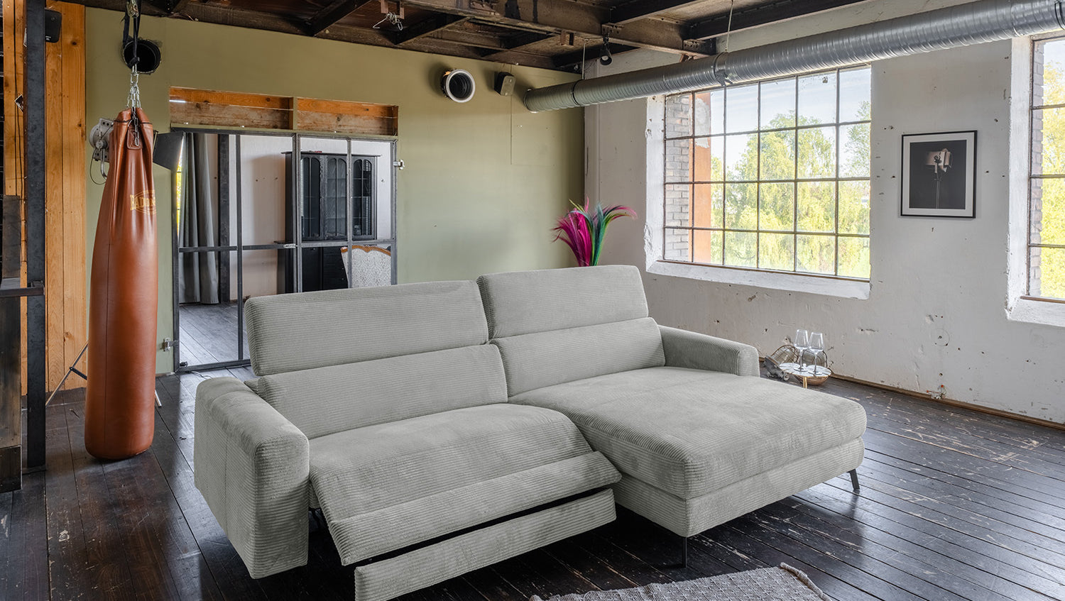 KAWOLA Sofa LAISKA Ecksofa Relaxfunktion teilmotorisch Cord hellgrau, Rechts