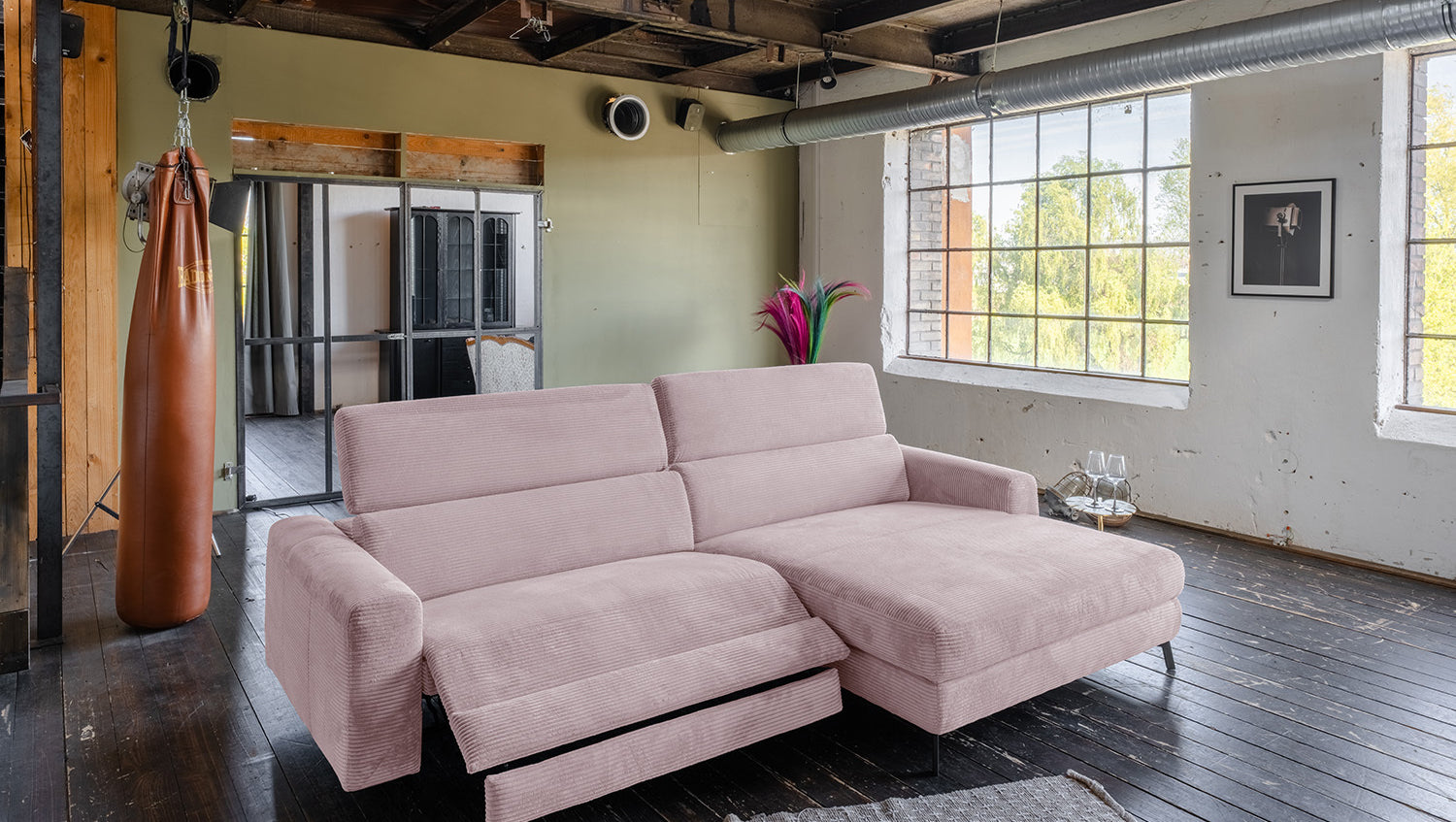 KAWOLA Sofa LAISKA Ecksofa Relaxfunktion teilmotorisch Cord rosa, Rechts