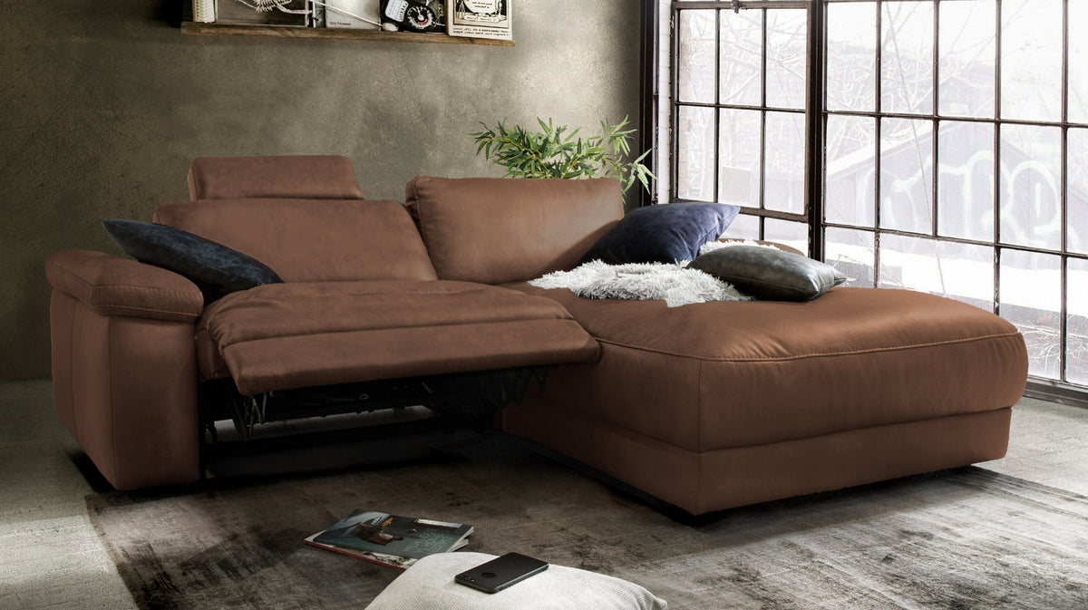 KAWOLA Sofa LOLA Ecksofa Leder braun mit motorischer Relaxfunktion