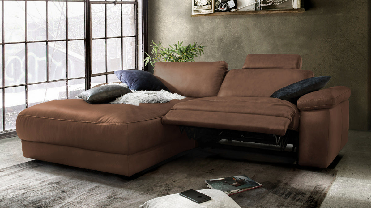 KAWOLA Sofa LOLA Ecksofa Leder braun mit motorischer Relaxfunktion