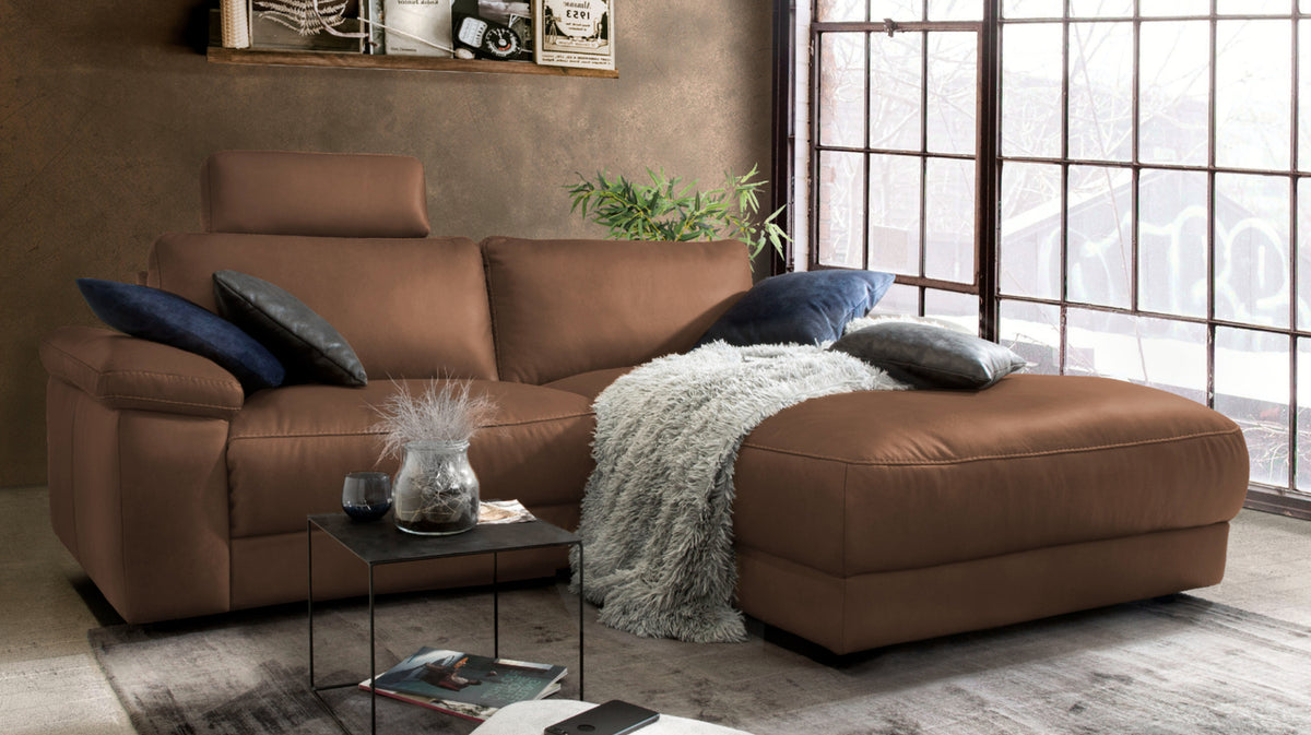 KAWOLA Sofa LOLA Ecksofa Leder braun mit motorischer Relaxfunktion, 233 x 178, Rechts