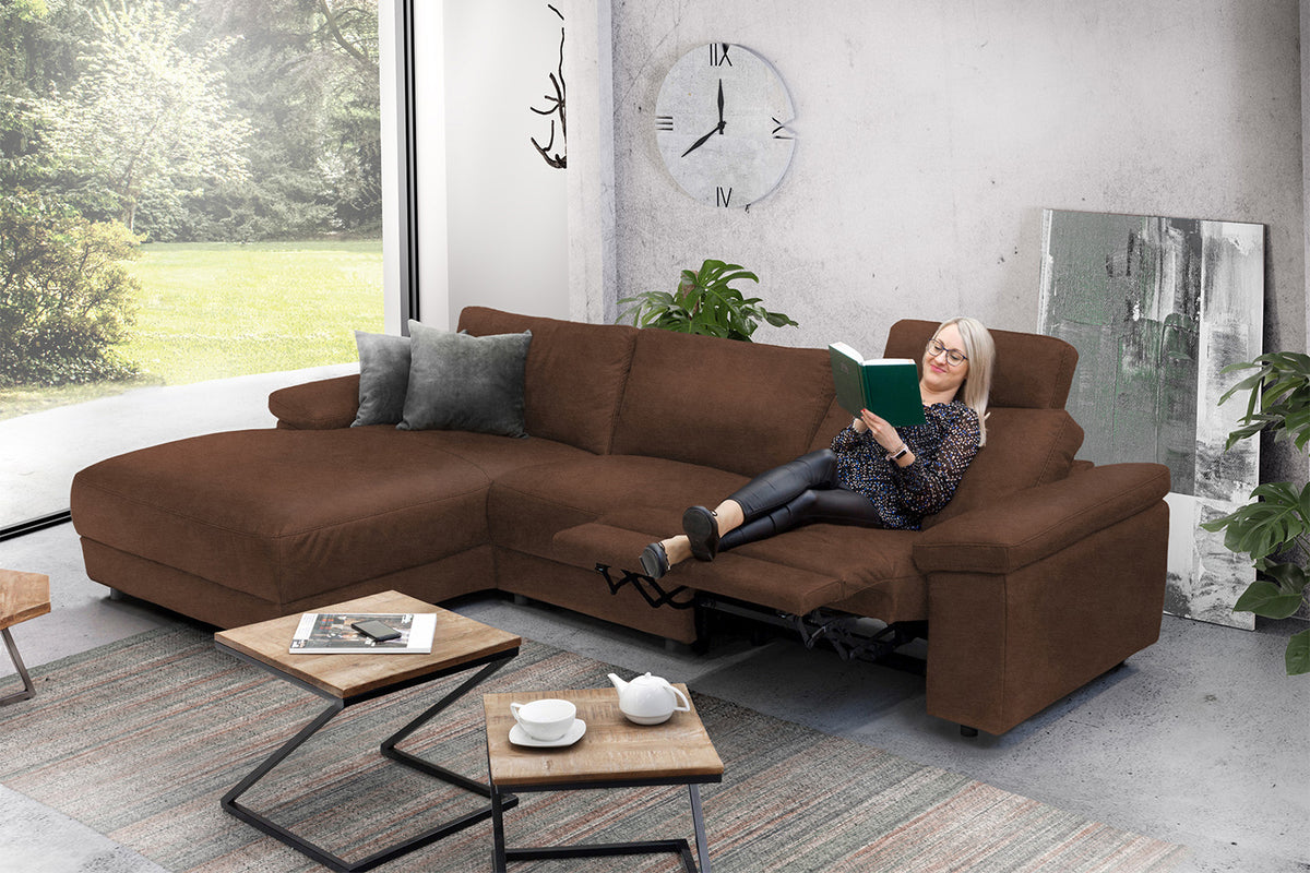 KAWOLA Sofa LOLA Ecksofa Leder braun mit motorischer Relaxfunktion